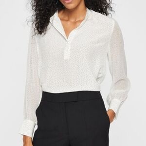 Club Monaco Silk Popover Long Sleeve shirt Chemise White Black Microdots XL